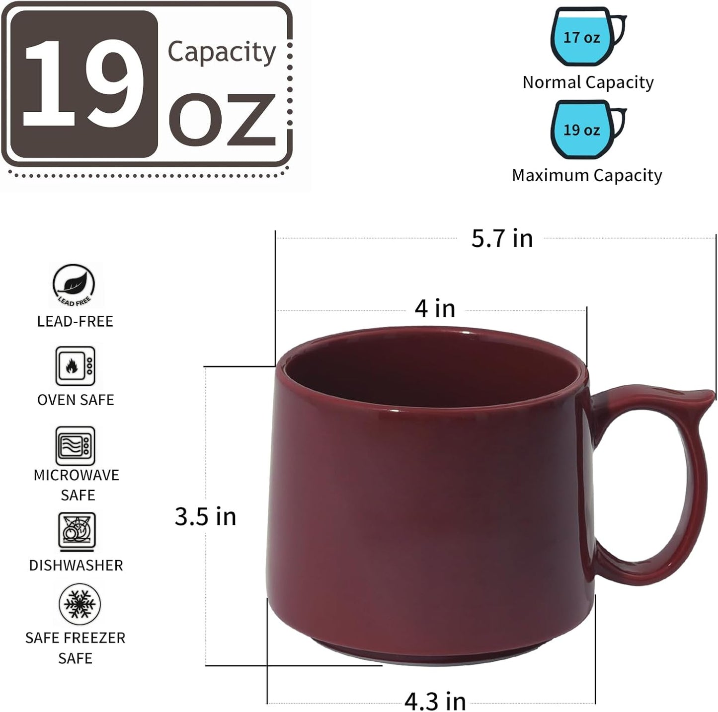 19 oz Large Coffee Mugs Set of 4, Stackable Ceramic Coffee Mugs with Large Handles for Coffee, Latte, Cappuccino, Milk, Dishwasher & Microwave Safe, Ideal for Men, Women, Dads and Moms (Red)