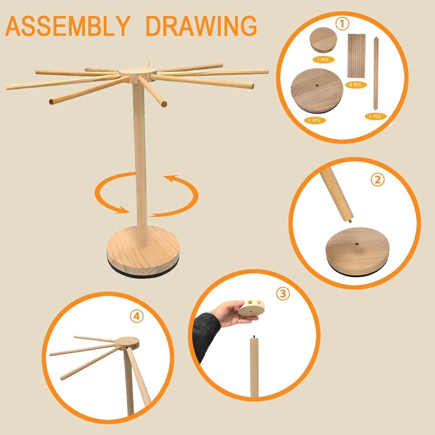 Pasta Drying Rack,Wooden Pasta Dryer Rotatable Collapsible Drying Rack with 9 Rods Quickly Assemble, Fresh Pasta Noodle Spaghetti Dryer Hanger Stand, Easy to Assemble and Store