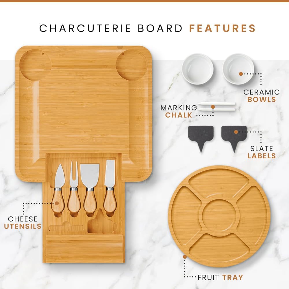 Leaf and Grain Charcuterie Board Set - Premium Bamboo Cheese Board – Perfect Charcuterie Boards Accessories for Bridal Shower Gifts, Wedding Gifts & Housewarming – Elegant Cheese Platter (Natural)
