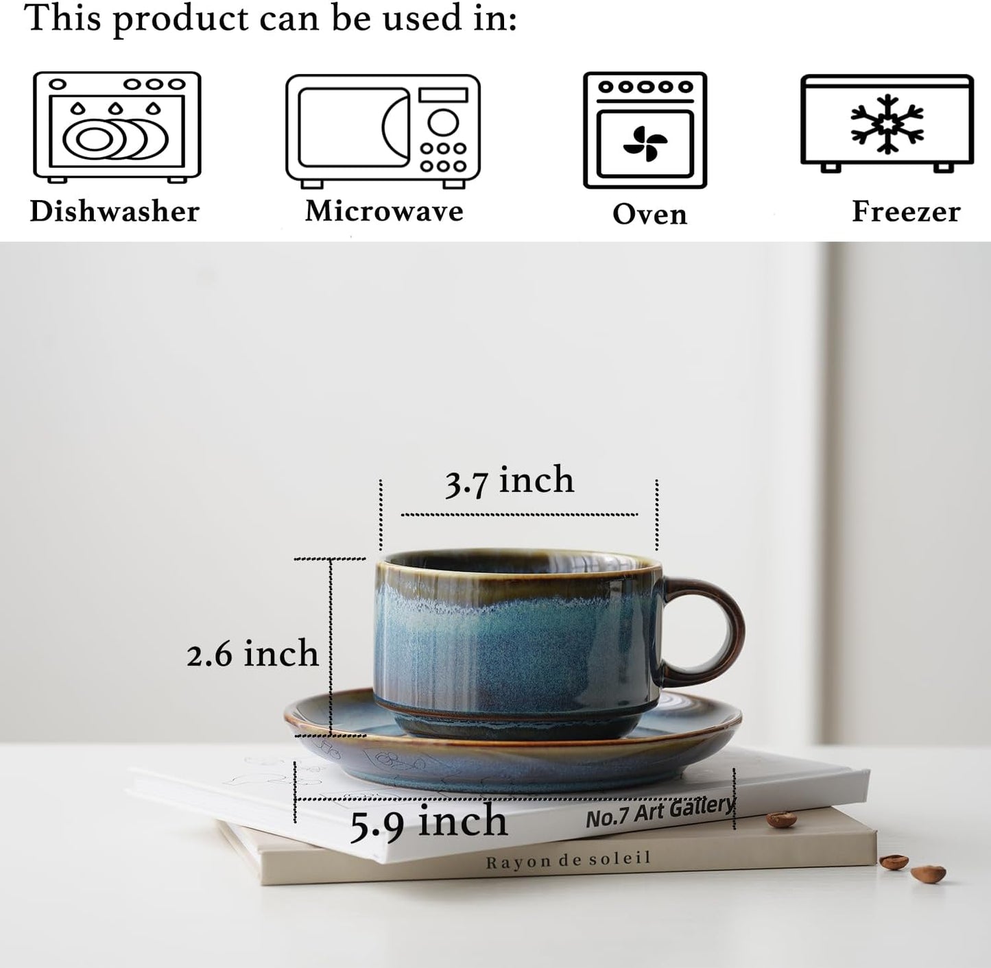 Ceramics 10oz Cappuccino Cups with Sacuer, Set of 2, Coffee Cup for Au Lait, Latte, Tea, Mocha-Set of 2, Dishwasher and Microwave, Reactive Blue