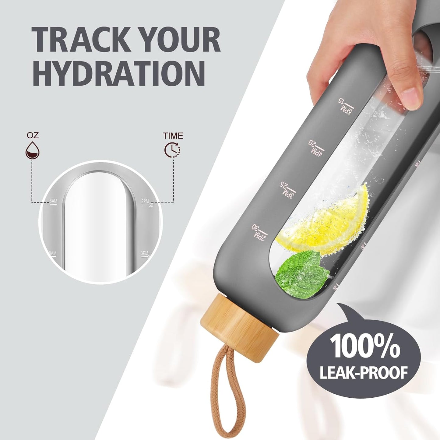 Glass Water Bottles 32 oz - Motivational Drinking Glass Water Bottle with Silicone Sleeve, Straw & 2 Bamboo Lids - 1 Liter Clear Borosilicate Daily Intake Tumbler with Time Marker - Grey
