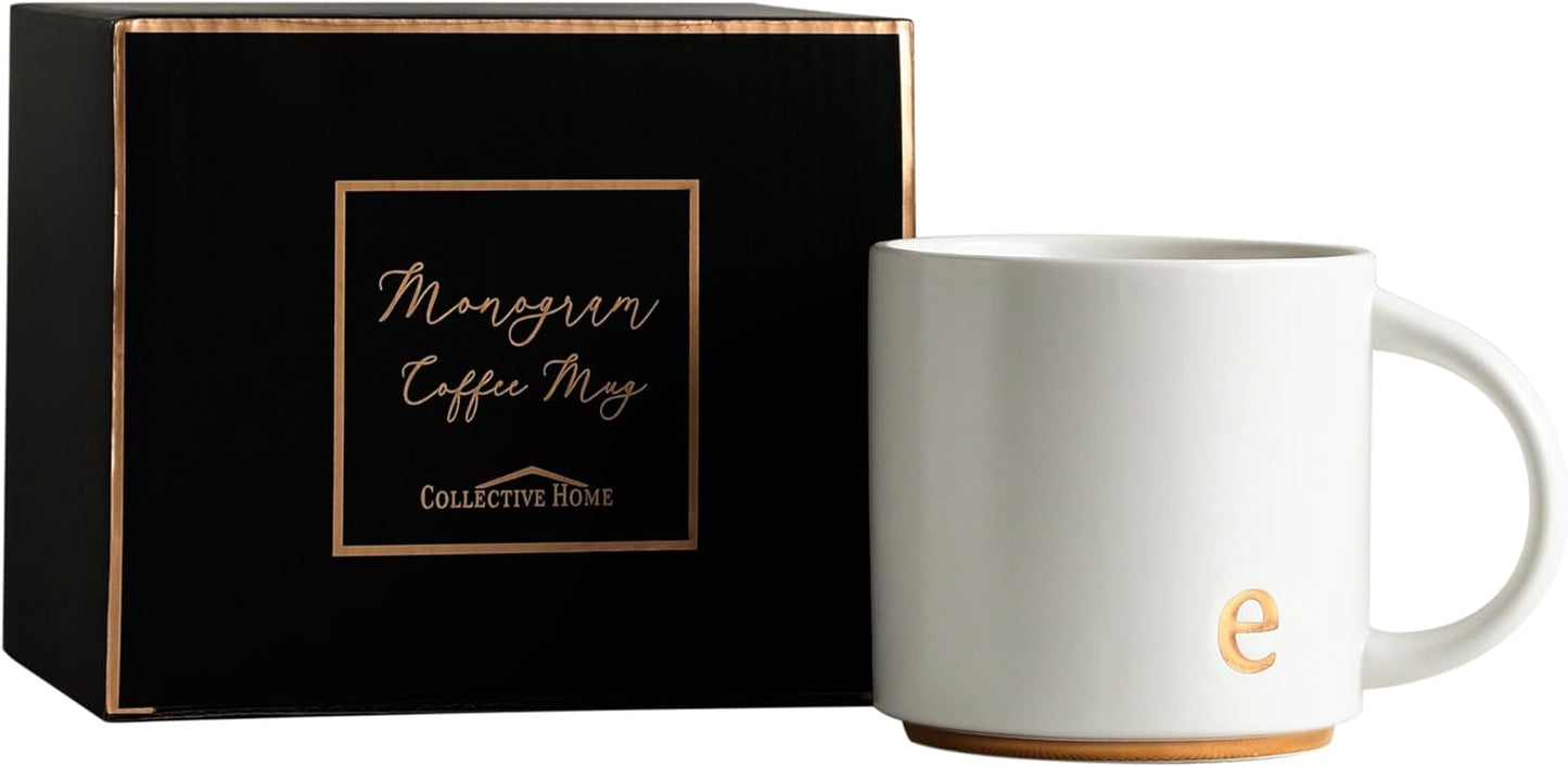 COLLECTIVE HOME - Monogram Ceramic Mugs, 15 oz Golden Initial Coffee Cups, Elegant Alphabet Tea Mugs, Elegant Personalized Mug with Gift Box, Luxurious Cups for Office and Home (e)