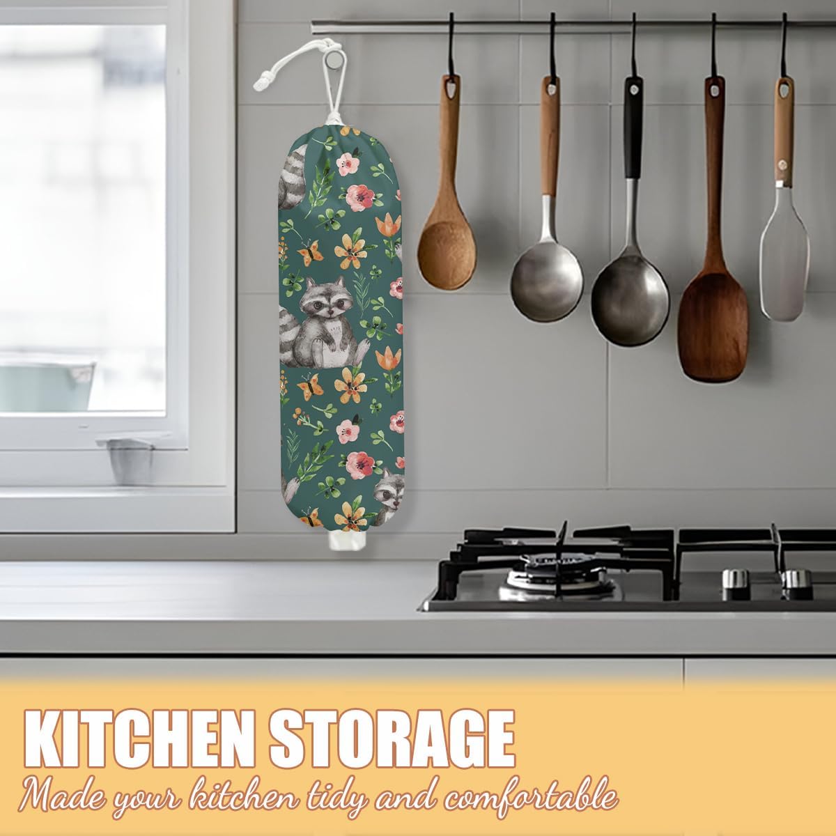 Raccoon Plastic Bag Holder, Wall Mount Grocery Bag Holder, Plastic Storage bag, Pull Rope Free Adjustment, Plastic Bag Holders for Grocery Bags, Plastic Bag Dispenser for Home Kitchen