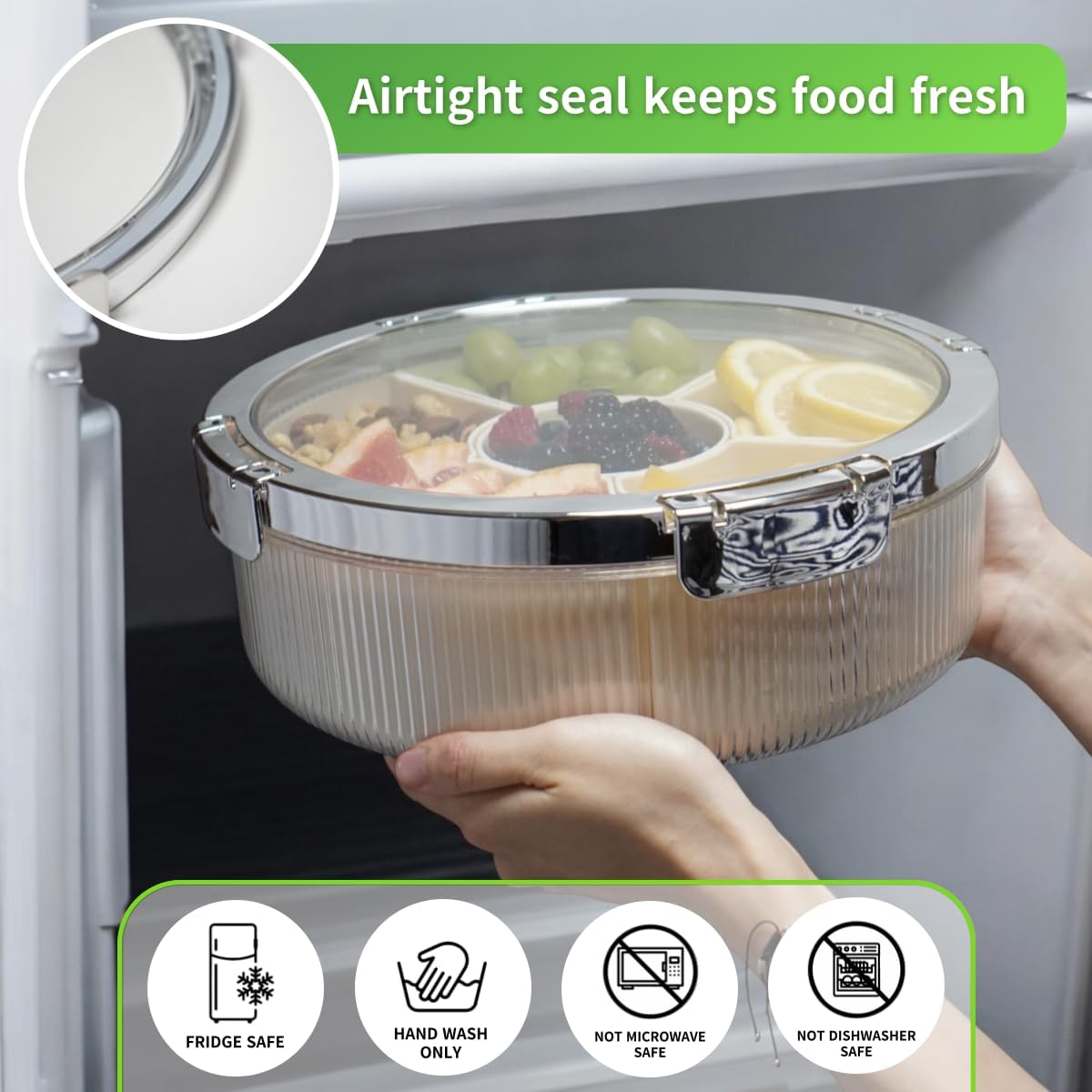 Snackle Box Container, Round Divided Serving Tray with lid 6parts for Veggie, Candy and Nuts Organizer for Travel, Party and Picnic (Cream/Silver)