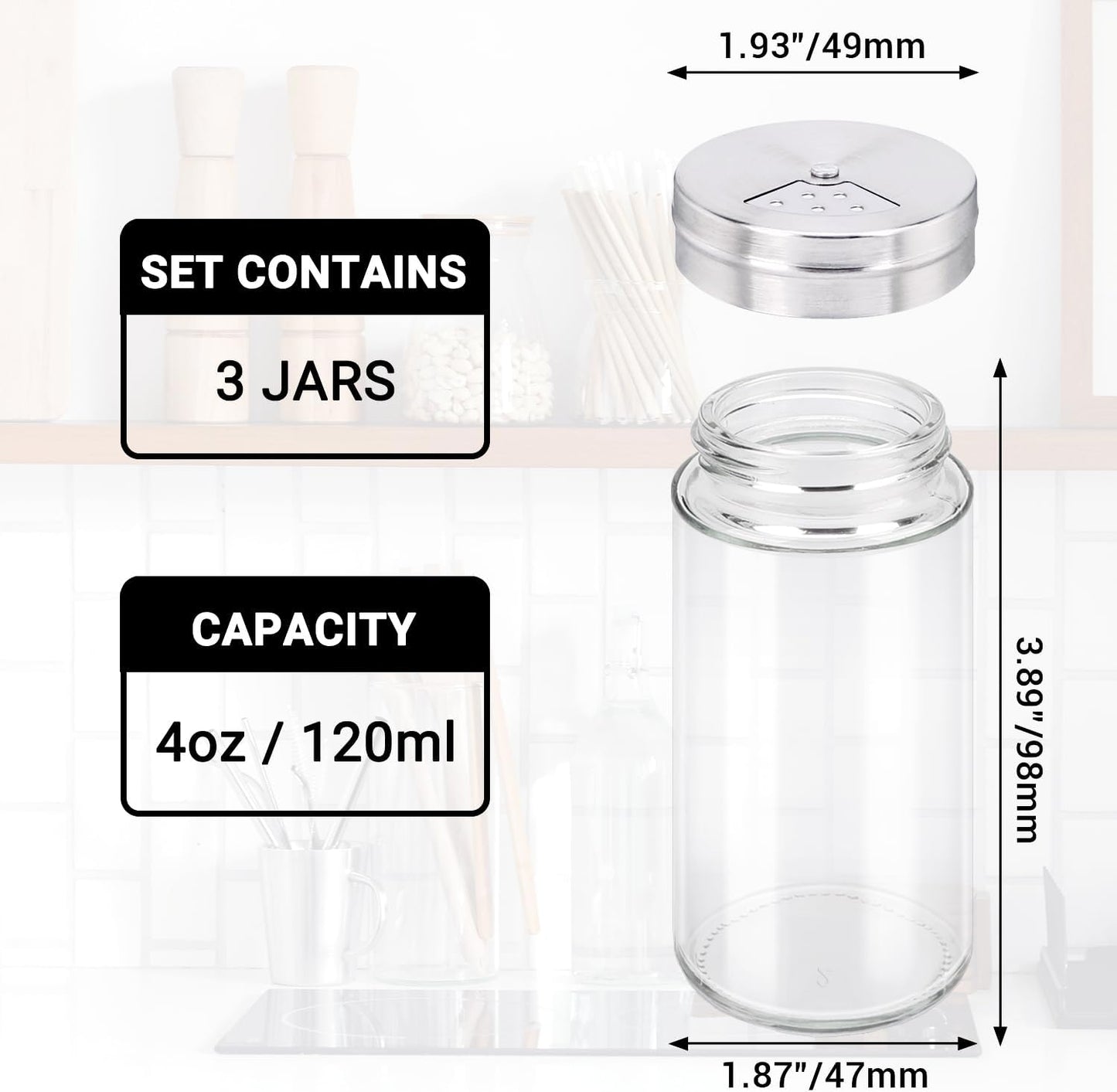 Segarty Spice Jar, 3 Pack 4 oz Glass Spice Jars with Shaker Lids, Clear Seasoning Organizer Spice Containers with Adjustable Pour Holes for Kitchen Cabinet, Salt Shakers with Stainless Lid