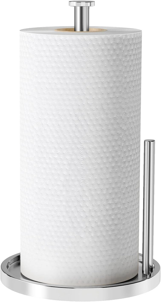 Paper Towel Holder Countertop, Standing Paper Roll Holder with Anti Slip Weighted Base, Stainless Steel Freestanding Paper Towel Holder for Kitchen, Chrome