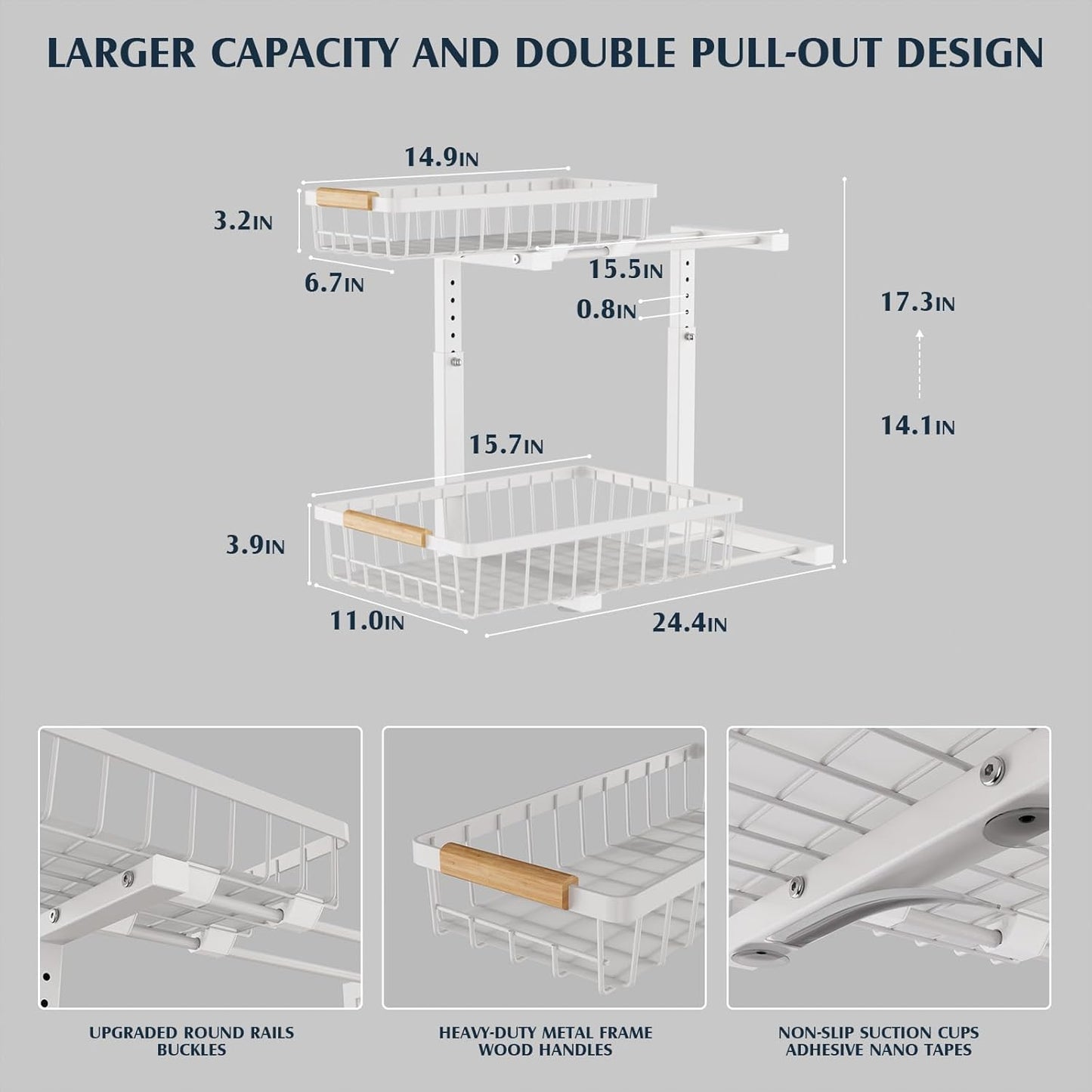 Metal Under Sink Organizers and Storage, 2 Tier Under Sink Organizer Pull Out, Adjustable Under Kitchen Sink Organizer, Sliding Cabinet Organizer for Bathroom, White