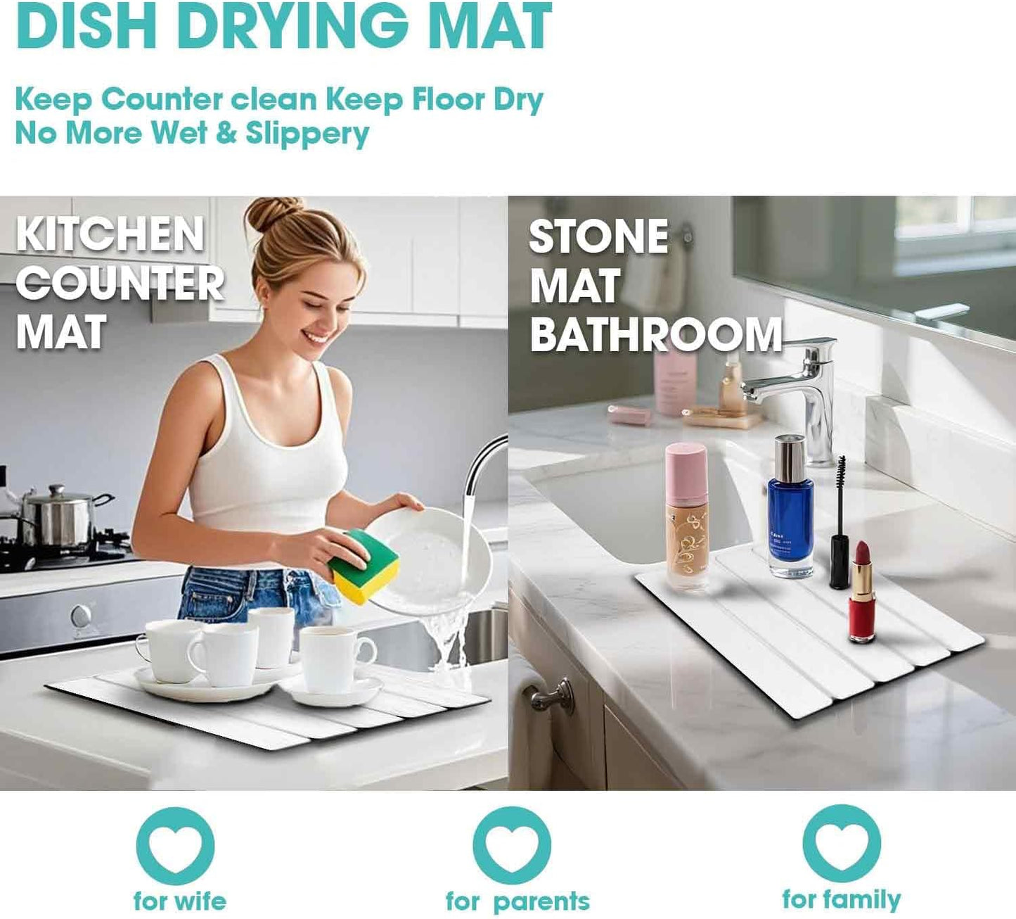 Dish Drying Mat Stone Bath Mat Diatomaceous Earth Stone Drying Mat For Kitchen Counter Sink Bath Mat Quick Dry Non Slip Foldable Dish Drying Rack Mat Small(16"×12" White)