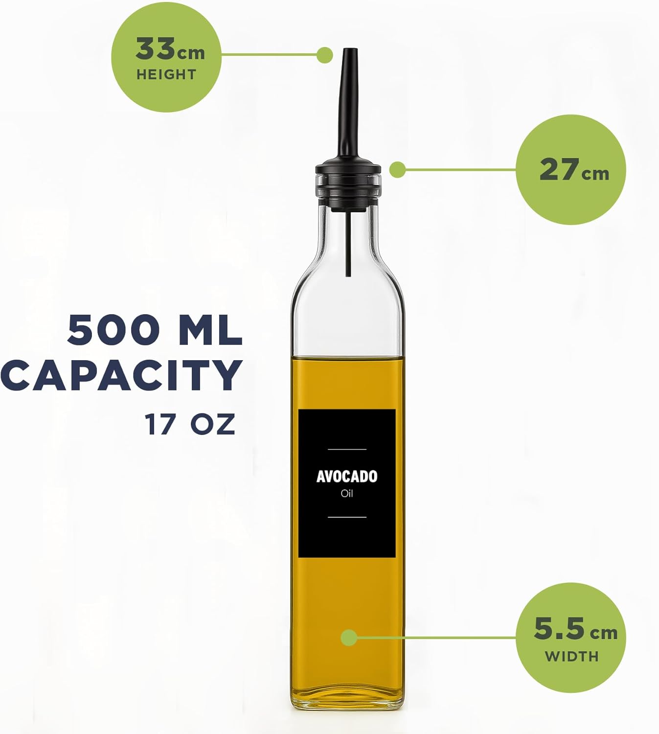 Olive Oil & Vinegar Dispenser Bottle Set with Stainless Steel Pourer, Funnel & Labels - Glass Kitchen Oil Cruet - Dispenser Bottle for Coffee Syrup, Soy Sauce, Cooking Sauces & More - 500ml - Set of 4