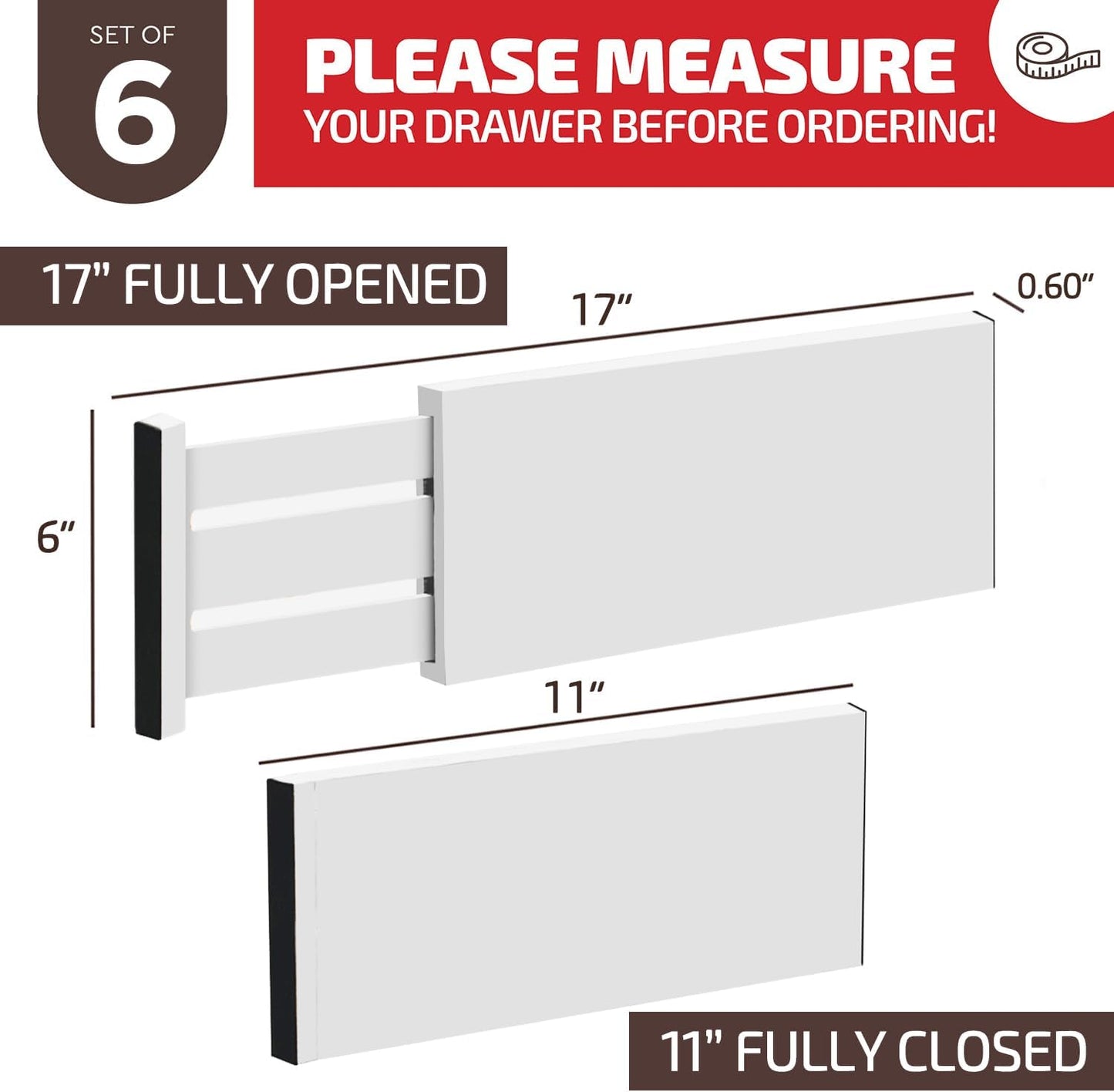 6 Pack Drawer Dividers 6 Inch High, 11”-17" Adjustable Bamboo Organizers Large Expandable Drawer Separators for Cloths, Dresser, Bedroom, Bathroom, Baby Drawer, Office & Kitchen Utensils (White)