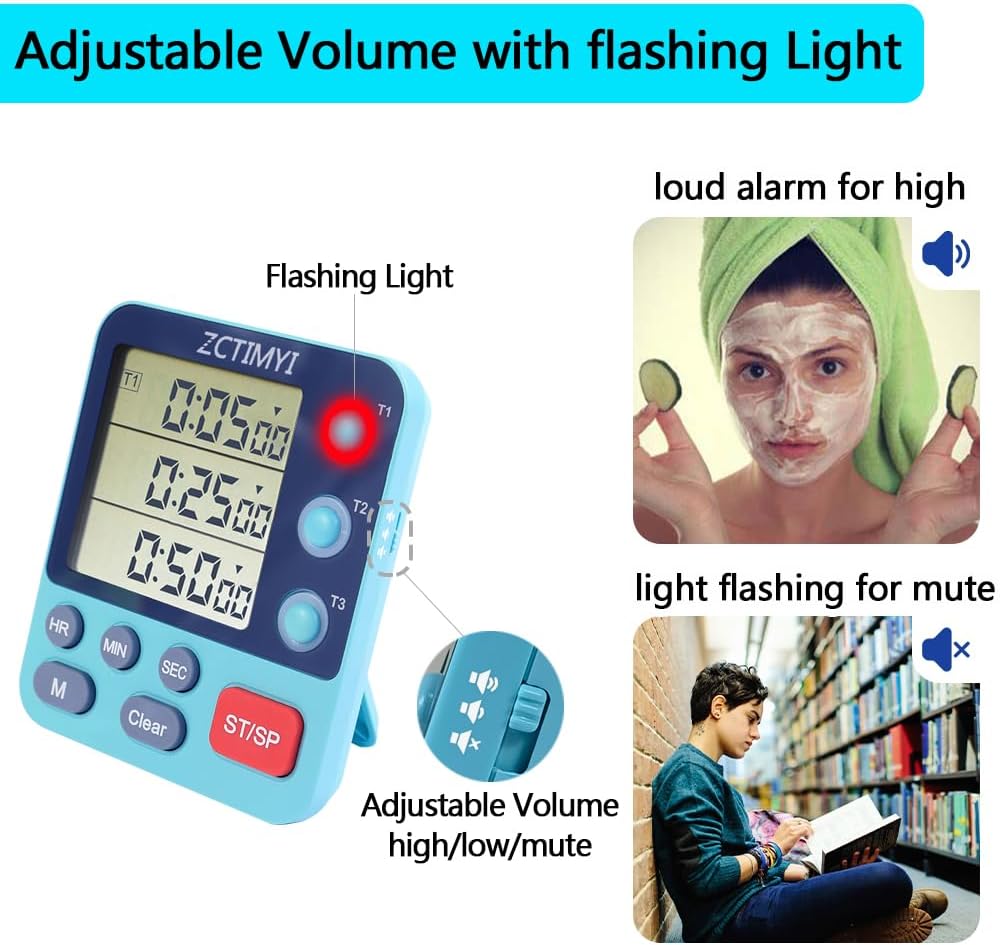 Dual Digital Timer for Kitchen Cooking, 3 Channels Count Down/Up Triple Timer for Kids, Presets Memory Large Display & Magnetic Back Adjustable Alarm Volume, Suit for Kids Teachers Studying, Green