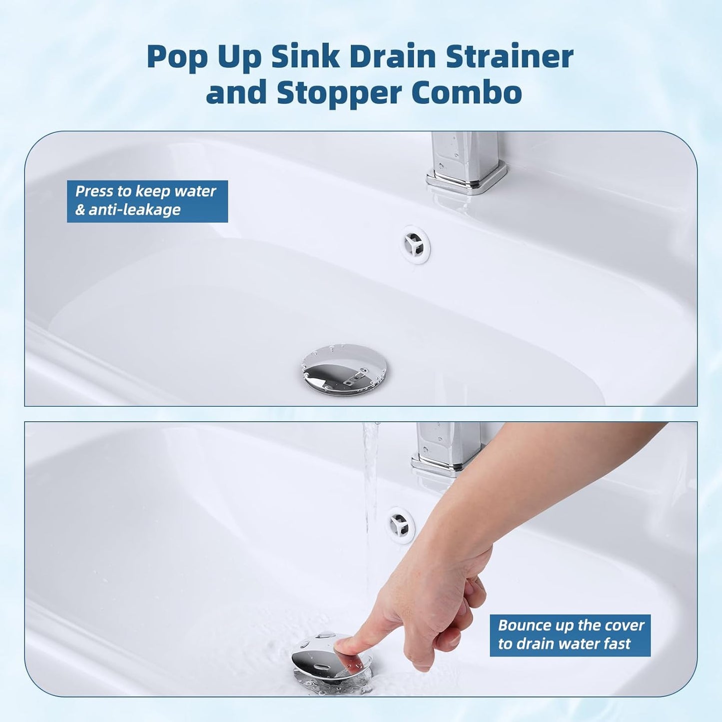 Hibbent Upgraded 3 in 1 Bathroom Sink Drain Strainer, Universal Pop Up Sink Stopper with Big Push Cap, Anti-Clogging Metal Filter Basket,Sink Plug with Hair Catcher for 1.1''~2.36'' Basin, Chrome