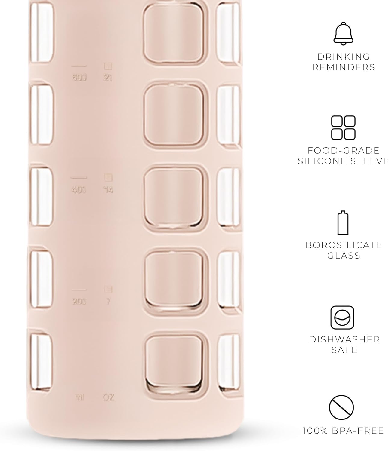 purifyou 40oz / 32oz / 22oz / 12oz Borosilicate Glass Water Bottle with Time & Volume Markers, Silicone Sleeve, Stainless Steel Lid – Reusable Glass Bottle for Water & Juice (32oz Hazelnut)