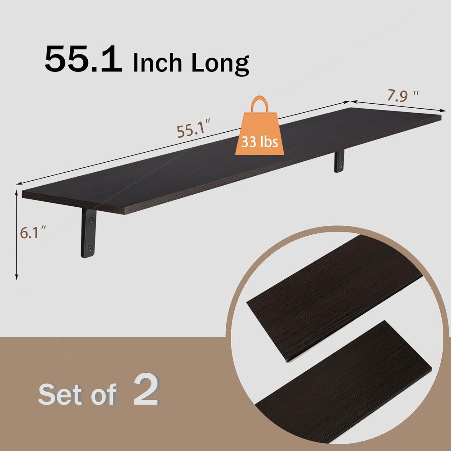 DINZI LVJ Long Wall Shelves, 55.1Inch Floating Shelves Wall Mounted, Extra Large Floating Storage Ledges with Sturdy Metal Brackets, Set of 2, for Living Room, Bathroom, Entryway, Kitchen, Espresso