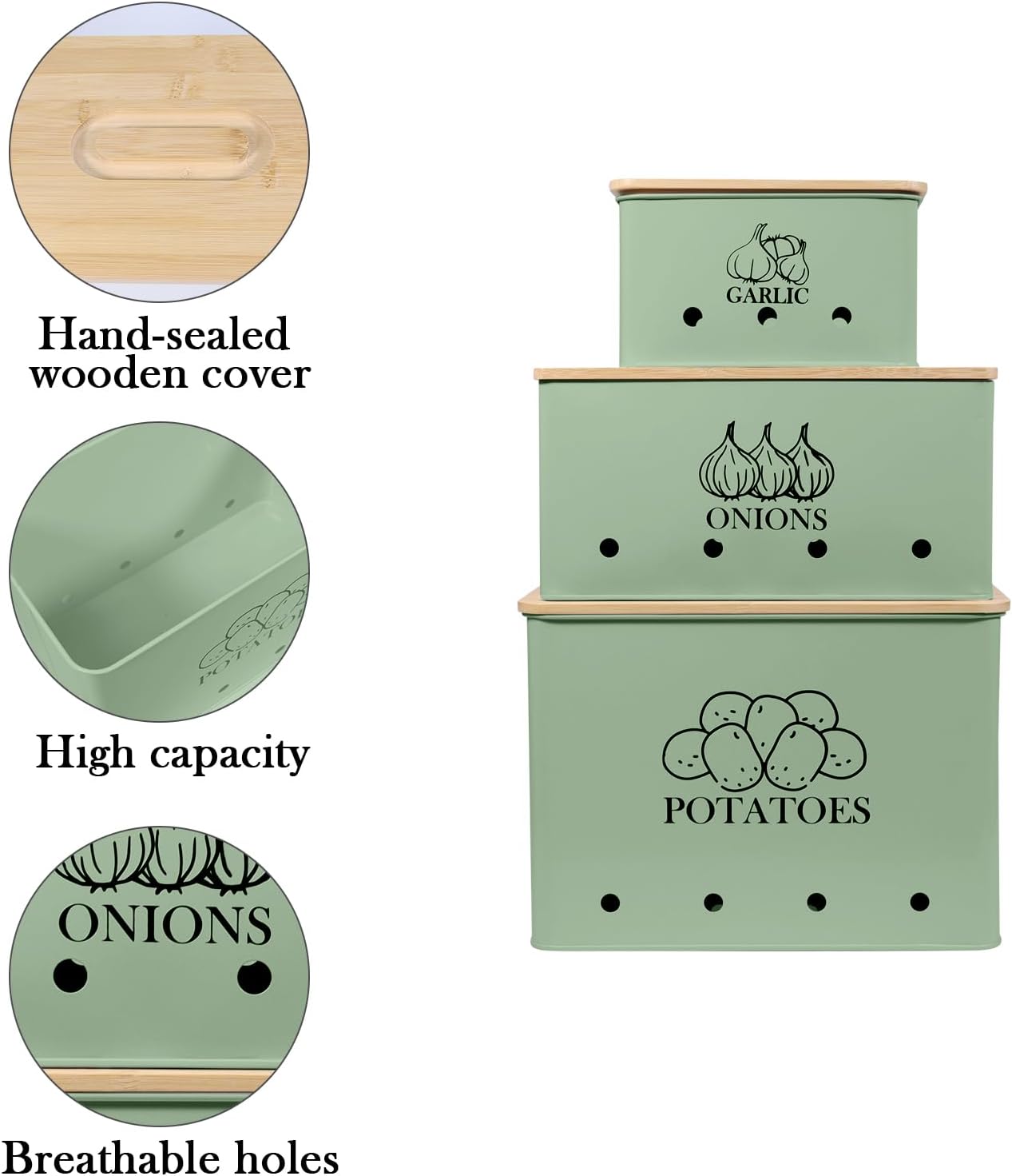 Kitchen Vegetable Storage Tins Set of 3 for Potato Onion & Garlic with Wooden Lid, Kitchen Storage Canisters Set, Long Shelf Life - Green