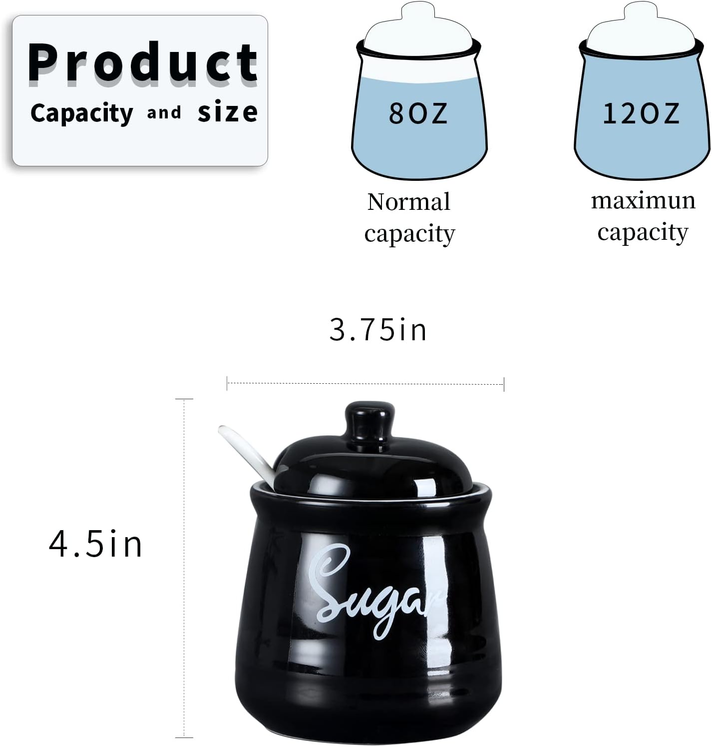 HAOTOP Farmhouse Porcelain Sugar Bowl with Lid and Spoon 12oz,Easy to Clean (Black)