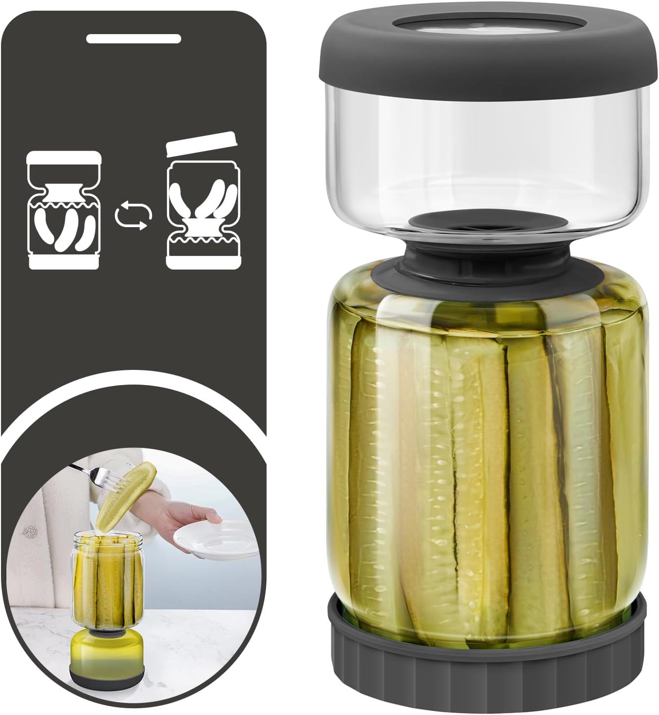 WhiteRhino Glass Pickle Jar with Strainer Flip,46oz longer Pickle Container,Hourglass Pickle Juice Separator Jar for Olives,Gherkins,Long cucumber or Sliced,Leakproof Dishwasher Safe