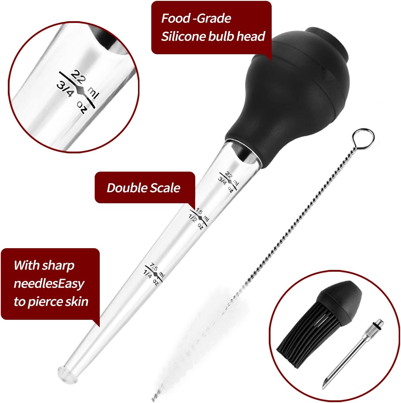 Turkey Baster Food Grade for Cooking & Basting, Detachable Round Bulb, Baster Cooking Good for Meat Poultry Beef Chicken, with Cleaning brush, inject needle, Basting brush