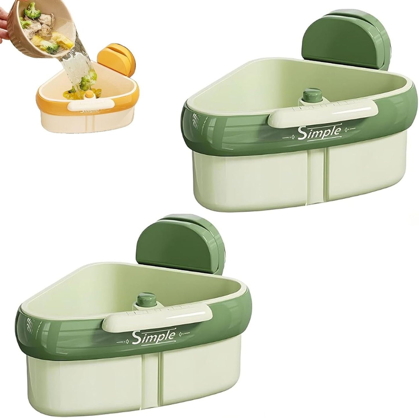 Suction Cup Sink Corner Rack, Curetoaway Corner Sink Strainer, Sink Trash Catcher, Plastic Triangular Baskets Corner Hanging, Rust Resistant, for Kitchen Food Waste (2Pcs Green)