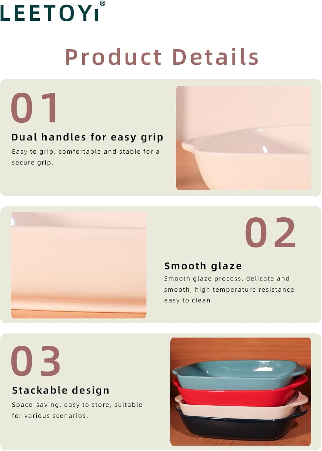 LEETOYI Ceramic Small Baking Dish, Porcelain 2-Piece Rectangular Bakeware with Double Handle, Baking Pans for Cooking and Cake Dinner 7.5"×5 (Royal Blue)