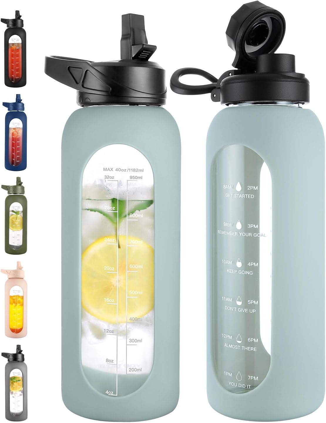 CIVAGO 40 oz Glass Water Bottle with Straw and Handle, Large Sports Motivational Water Bottle Flask with Time Marker and 2 Lids, Leakproof Water Jug Canteen with Silicone Sleeve for Gym,Sage