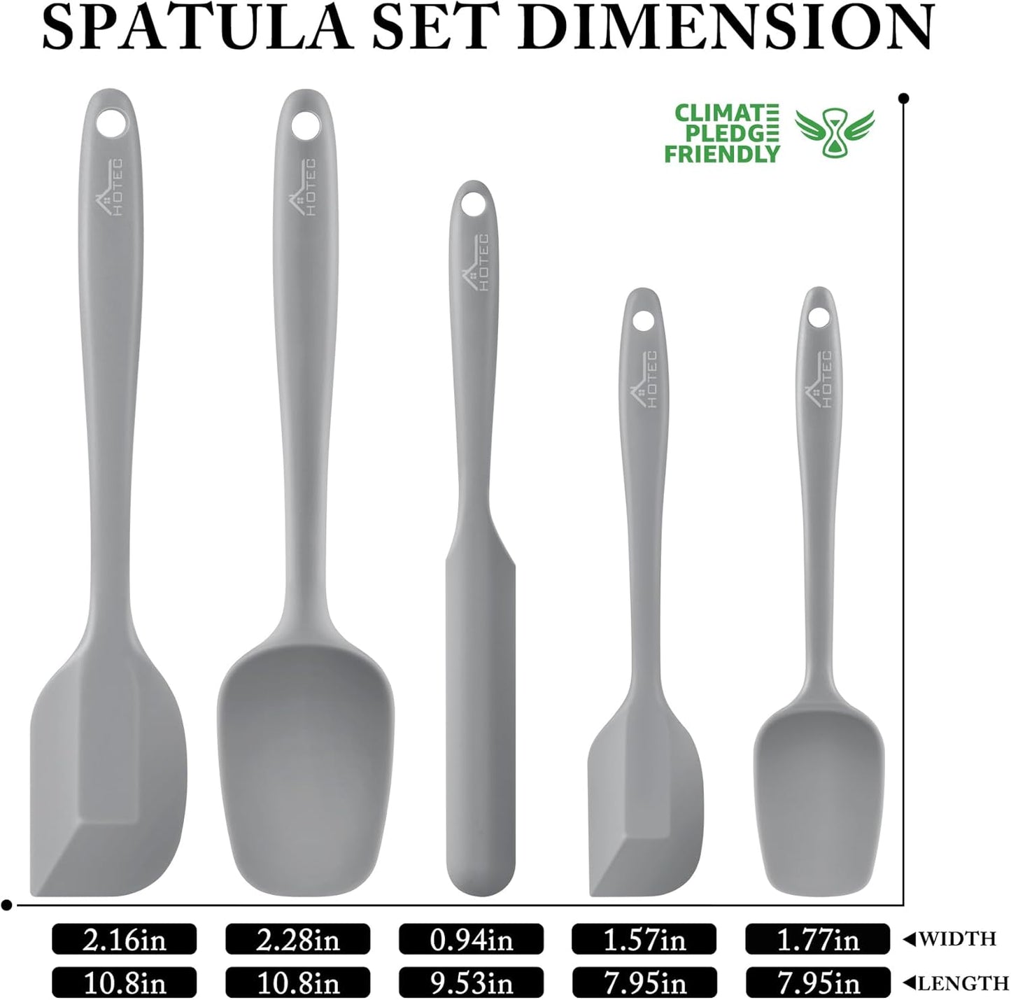 HOTEC 600℉ Heat Resistant BPA-Free Silicone Rubber Spatula Set,Kitchen Cooking Spatulas, Baking, Mixing for Non Stick Cookware, Dishwasher Safe, Set of 5 Grey