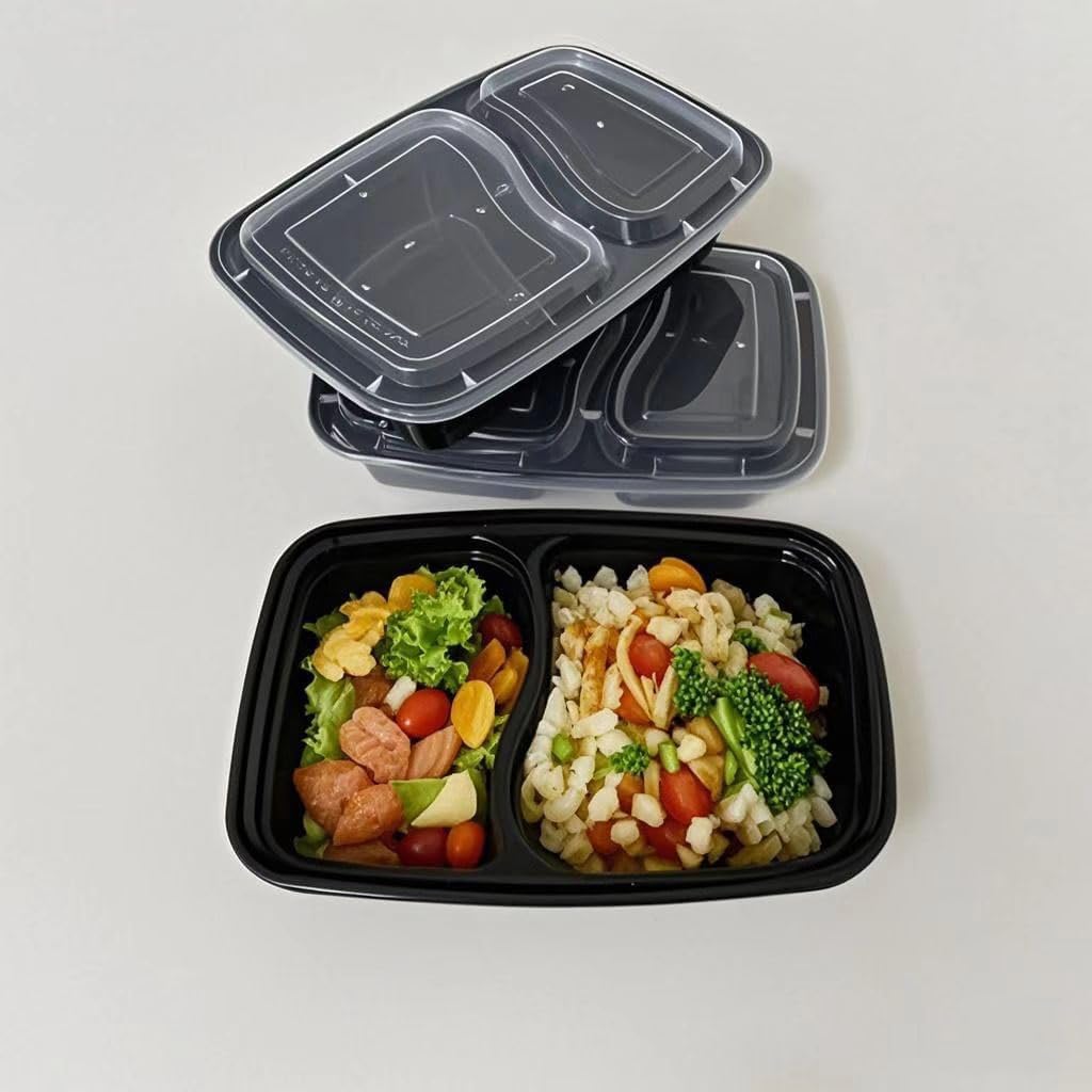 50 Packs 28oz 2-Grid Disposable Meal Prep Containers with Lids,To Go Take Out Plastic Food Storage, Disposable Takeaway Boxes,Freezer, Dishwasher Safe Prep Containers