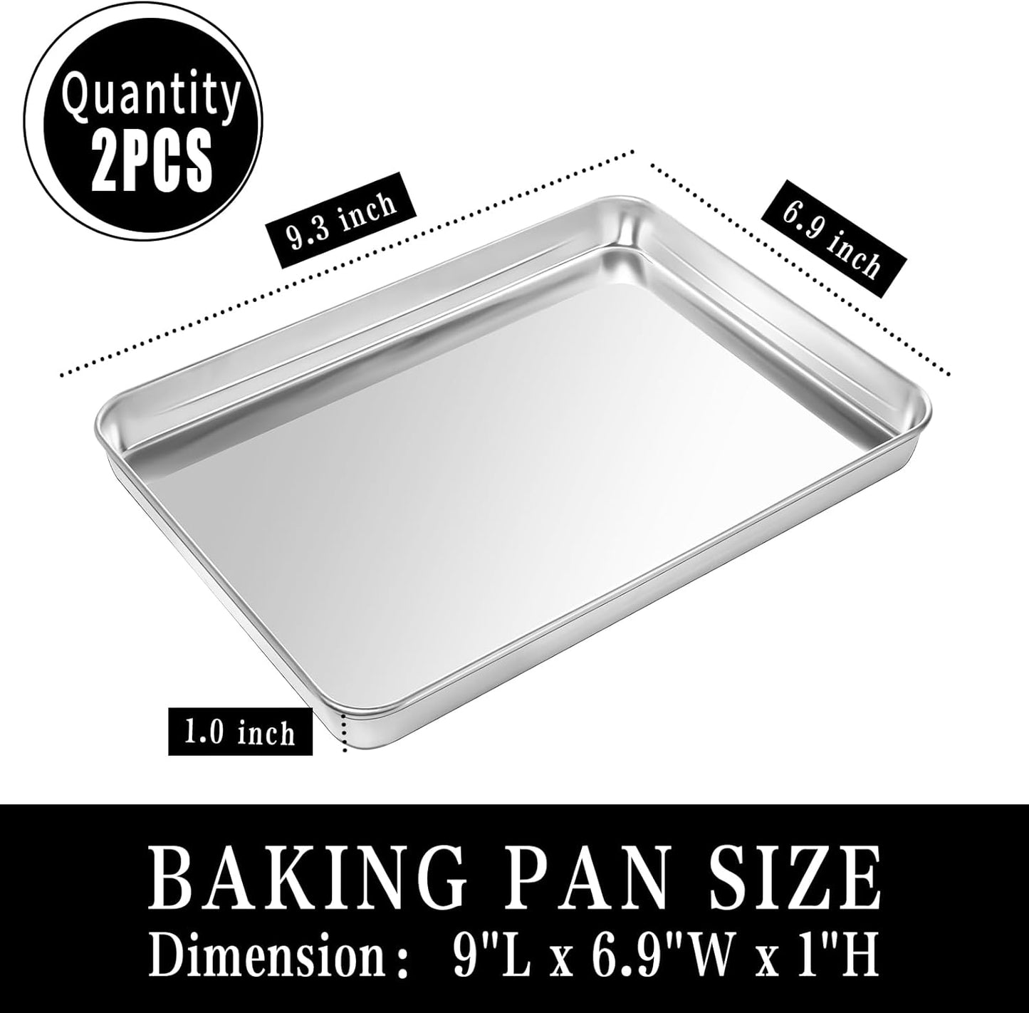 Stainless Steel Baking Sheet Set, 2 Pcs Cookie Sheet Pan Baking Trays for Oven, Non Stick and Heavy Duty and Easy Clean, 9.3 x 6.9 x 1 Inch