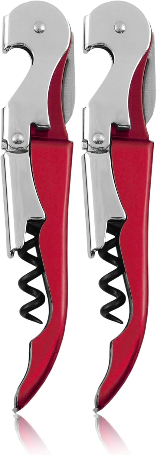 True Brands TrueTap Double Hinged Waiters Corkscrew, Top-notch Stainless Steel Opener with Foil Cutter Built to Last Wine Key Metallic Red, Set of 1 (Pack of 2)