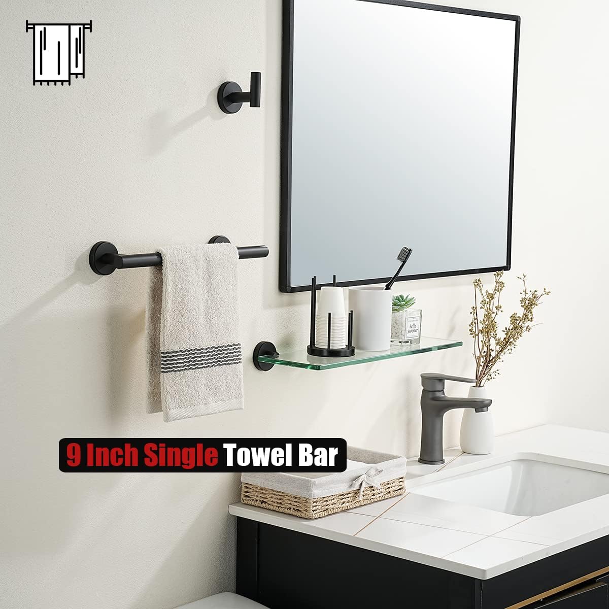 JQK Black Towel Bar, 12 Inch 304 Stainless Steel Thicken 0.8mm Hand Towel Rack, Bathroom Towel Holder Matte Black Wall Mount, Useable Length 9 Inch TB110L9-PB