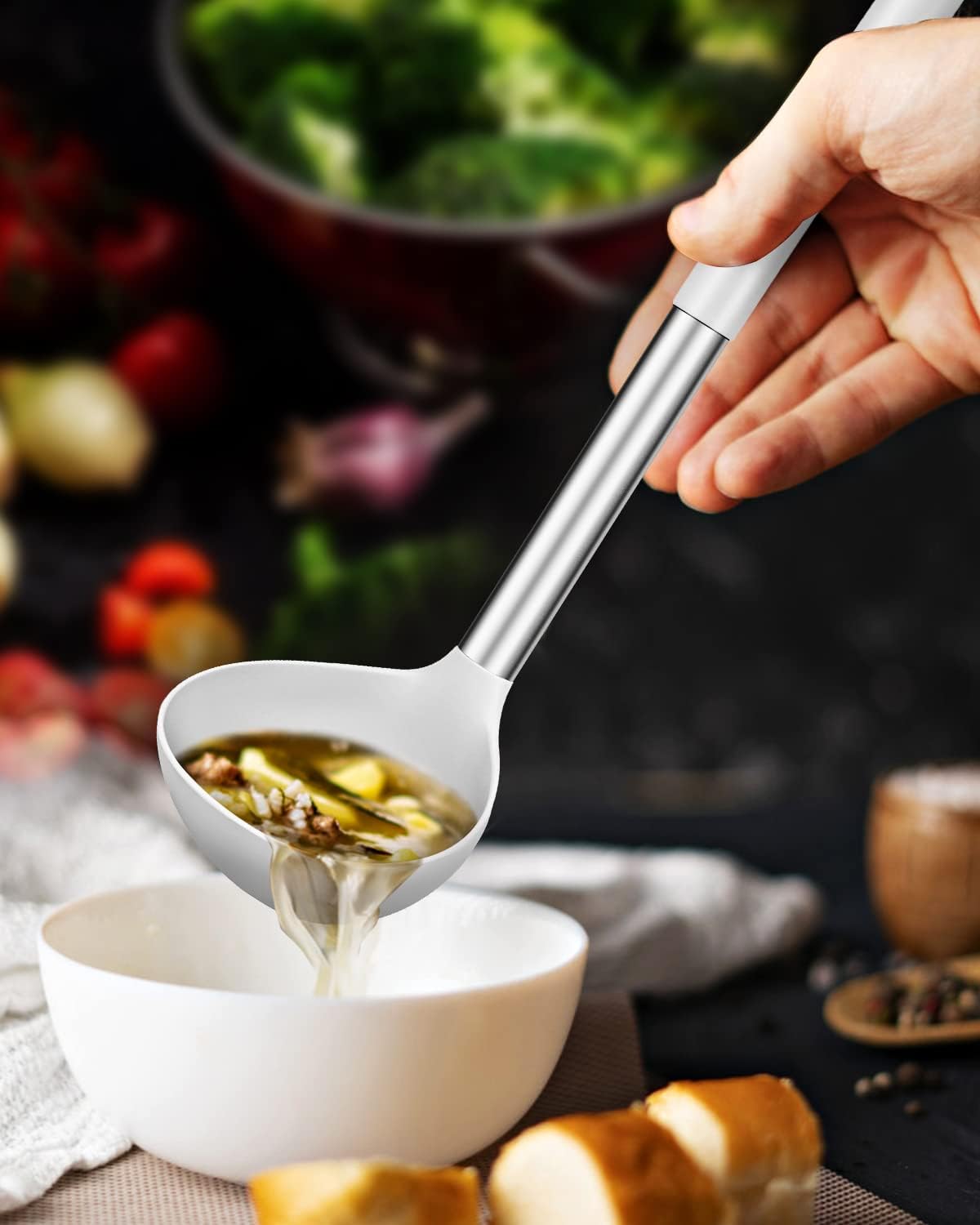 Pack of 2 Ladle Spoon,Silicone Large Spoon for Soup,Non Stick Kitchen Utensils with High Heat Resistant,BPA Free Perfect Kitchen Tools for Cooking, Stirring,Serving Soups (BLACK-WHITE)