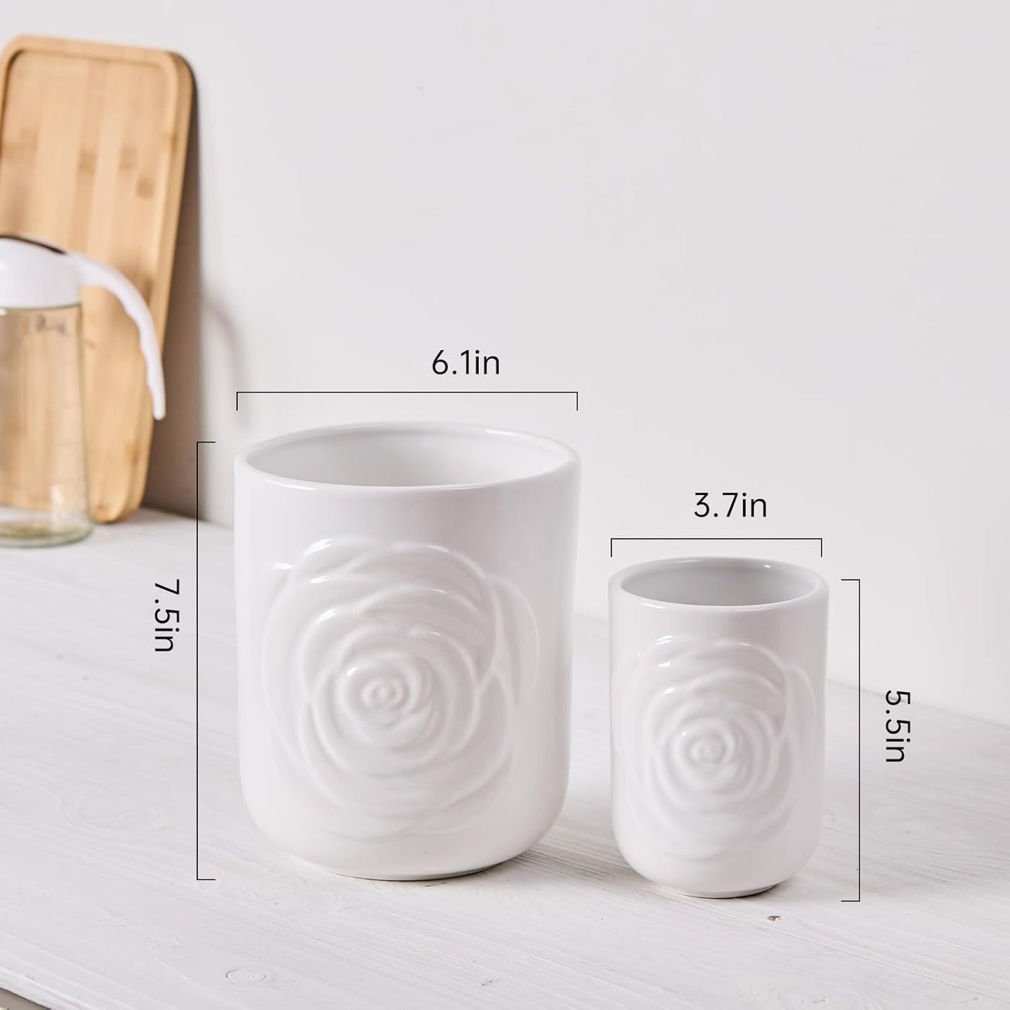 White Ceramic Utensil Holder Set of 2 - Rose Carved Design, Kitchen Countertop Utensil Organizer for Spatula, Spoon & Cooking Tools, Large (7.5") & Small (5.5"), Farmhouse Kitchen Counter Decor