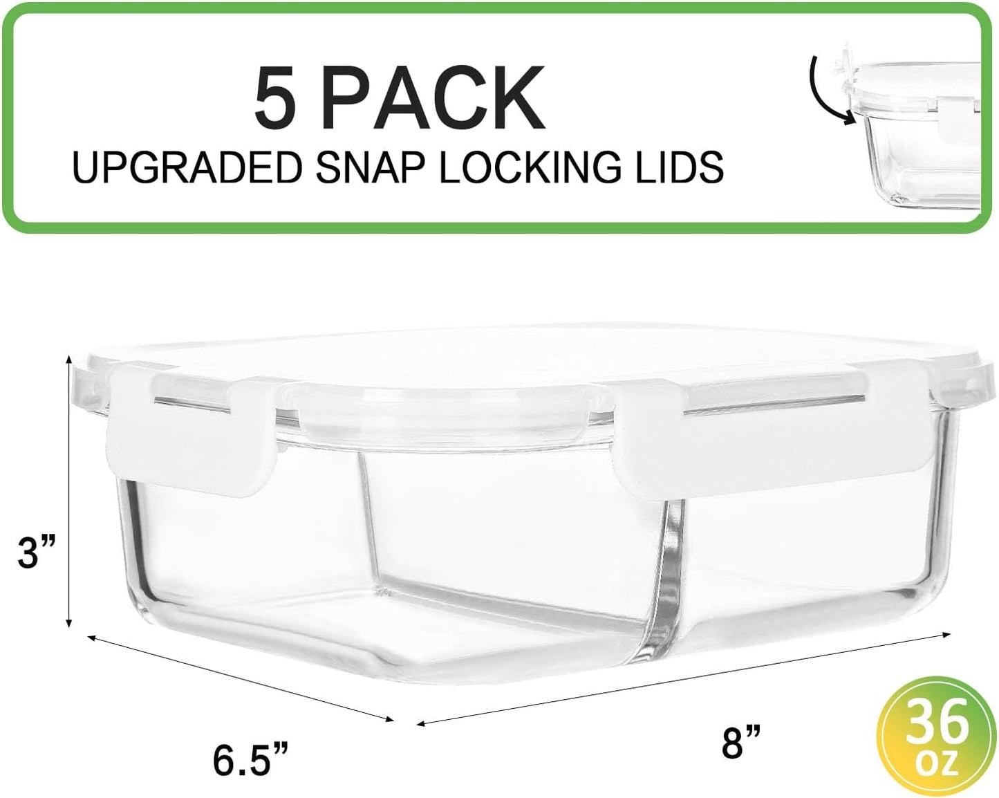 [5-Pack,36 Oz]Glass Meal Prep Containers 2 Compartments Portion Control with Upgraded Snap Locking Lids Glass Food Storage Containers, Microwave, Oven, Freezer and Dishwasher (4.5 Cups, White)