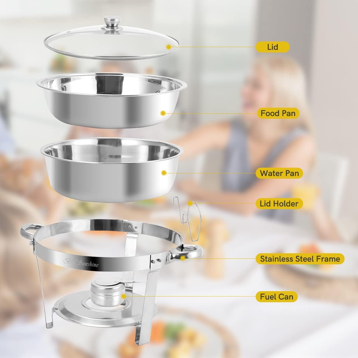 Chafing Dish Buffet Set 4 Packs, 5 QT Stainless Steel Round Chafing Dishes with Glass Lid & Lid Holder, Food Warmer for Parties Buffet Weddings Catering Events