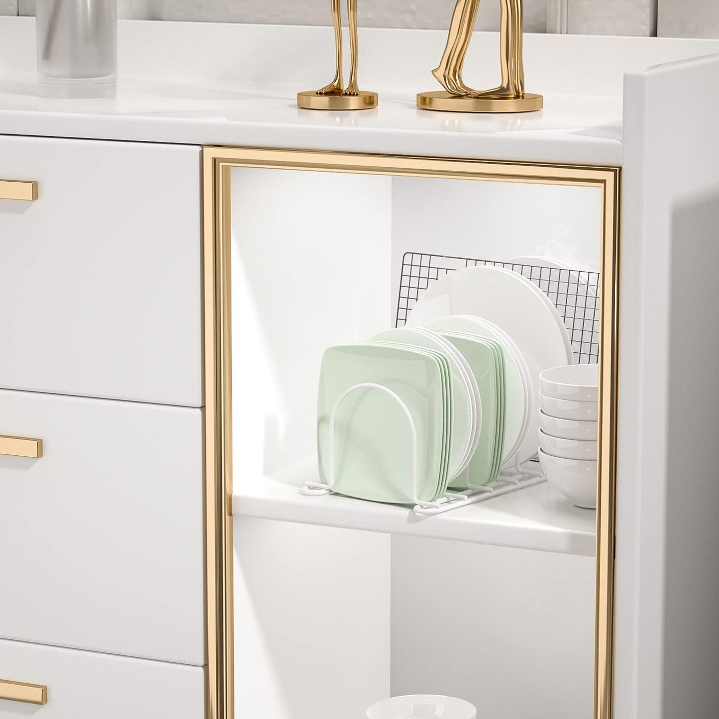 JAQ Pot Lid Rack Organizer, 10.5" Kitchenware Dividers Holder for Plates, Pans,Chopping Boards, Muffin Tins, Baking Sheets in Cabinets Shelf Countertop Pantry (White, 6-Slot)