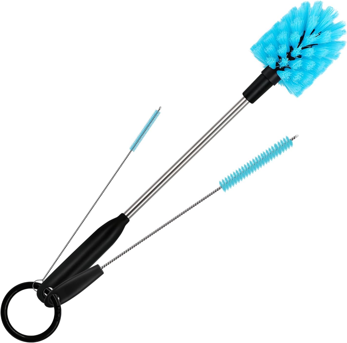 3 in 1 Stainless Steel Long Handled Water Bottle Brush Set, Kitchen Scrubber Cleaning Brush for Mugs, Coffee Cups, Glassware, Wine Glasses, Wake-Ups, with Straw Cleaner, Blue