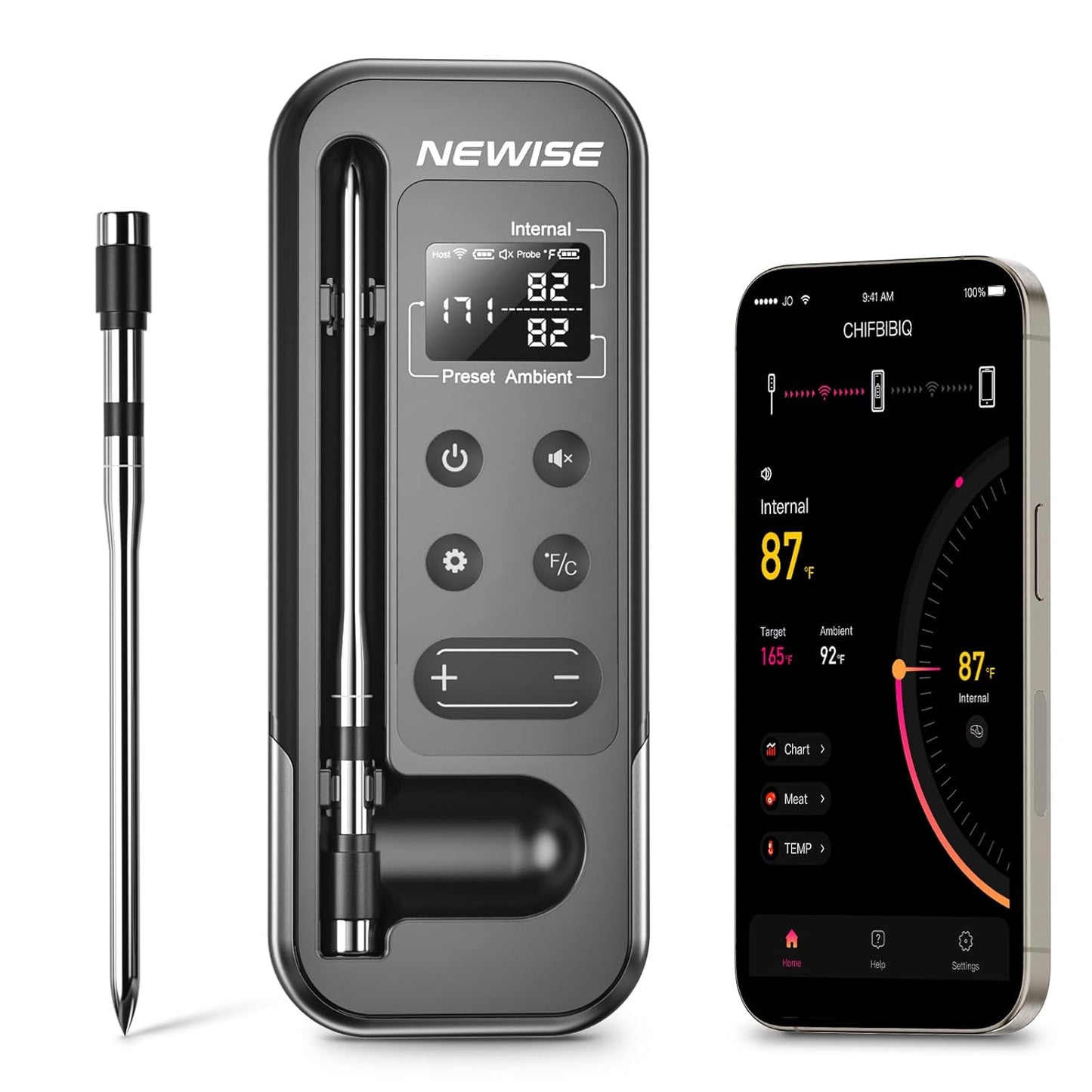 Bluetooth Meat Thermometer with Smart APP, 800FT Wireless Range & LCD Base, Rechargeable Probe, Digital Food Thermometer for BBQ, Grill, Chefs, Air Fryer, Gifts for Men Dad