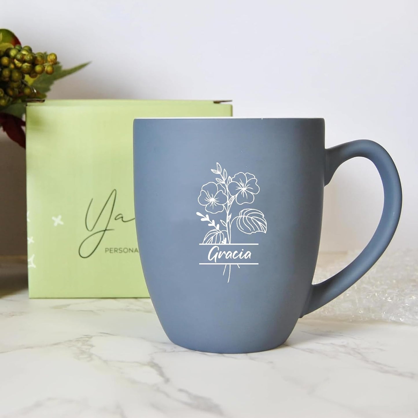 Personalized Coffee Mug, 16oz Engraved Ceramic Birth Flower Mug for Women With Custom Name & Text, Personalized Gifts for Birthday, Valentine, Christmas, Grandma, Wife, Mom, Friends