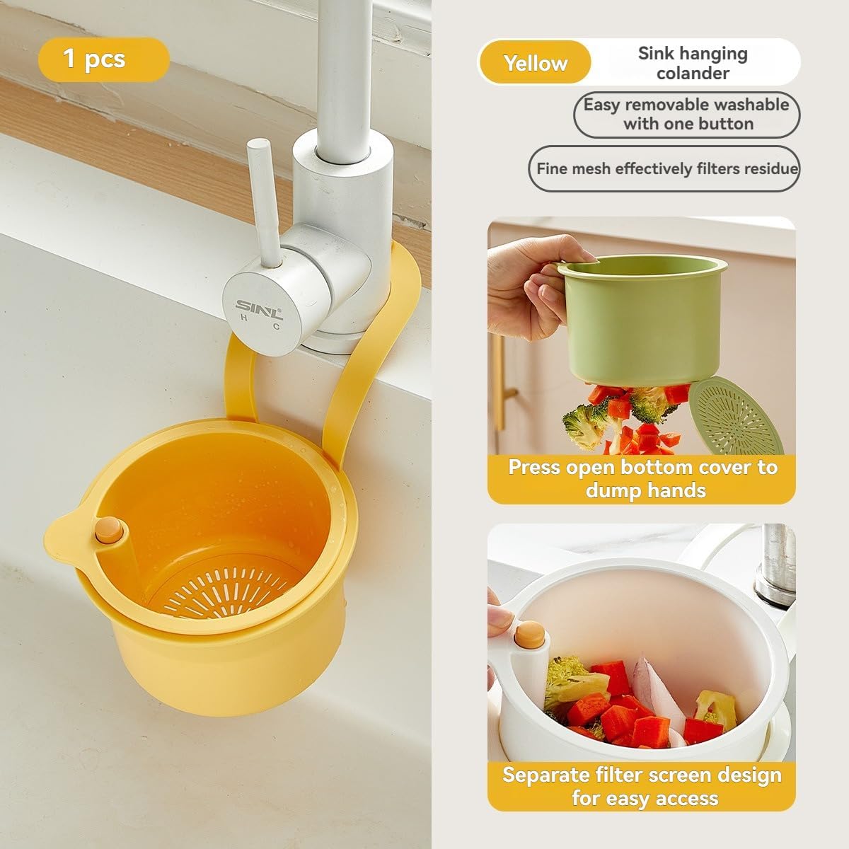 Over-Sink Drying Rack - Faucet Mount Drainer Basket, Rust-Proof Sink Trash Catcher for Kitchen Organization (Yellow)