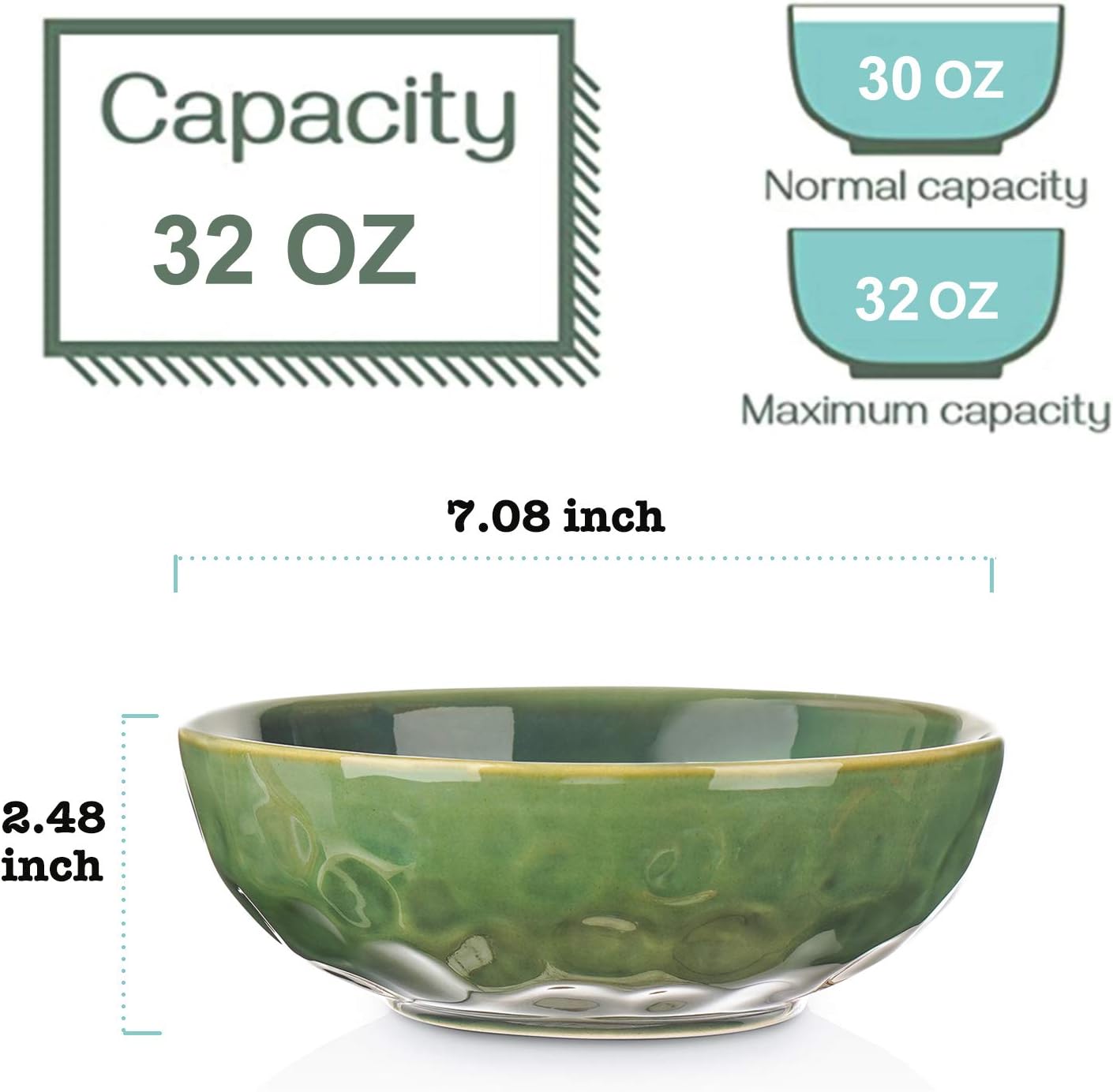 vicrays Ceramic Pasta Bowls Set, 32 Ounce Soup Bowls, Large Salad Bowls, Chip Resistant, Dishwasher Microwave Safe, Fluted stoneware Bowls for Kitchen, Serving Bowls, Set of 6 (Green)