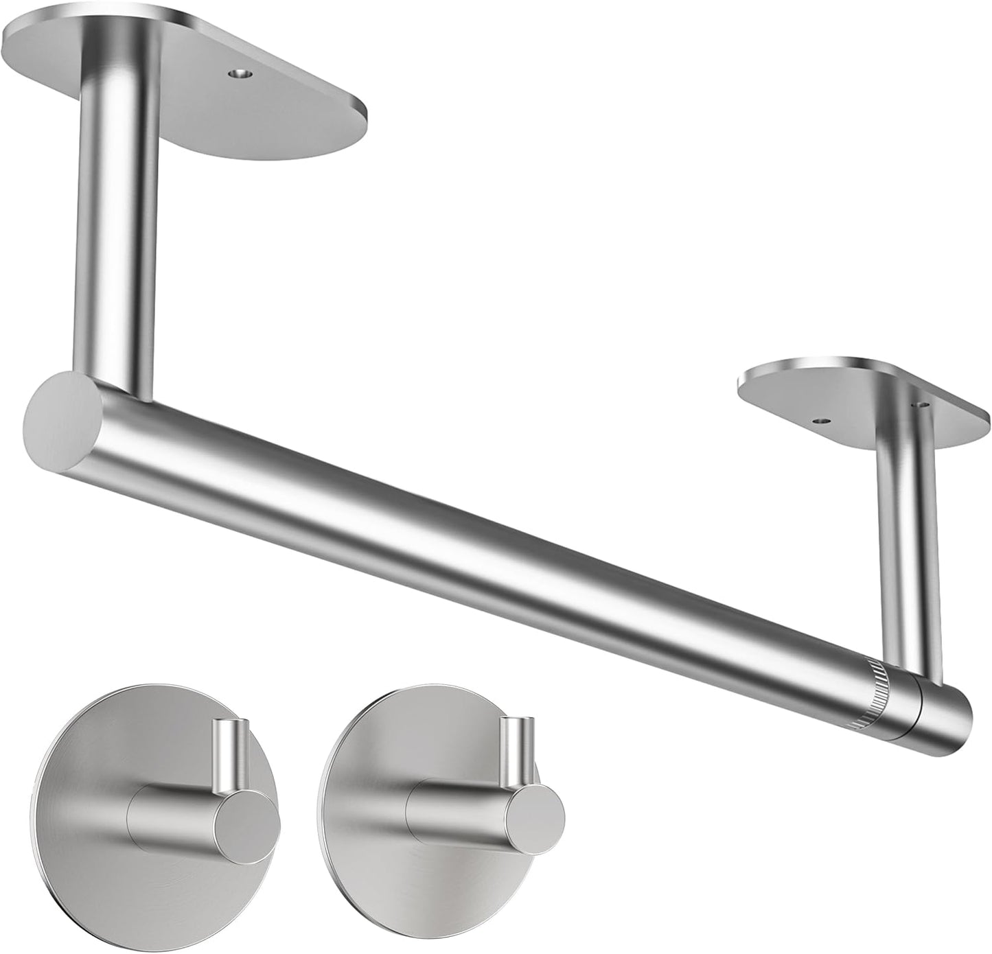 Paper Towel Holder Under Cabinet, Self Adhesive or Wall Mounted SUS304 Stainless Steel Paper Towel Holder for Kitchen, Bathroom(2 Towel Hooks, Silver)