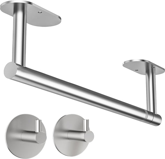 Paper Towel Holder Under Cabinet, Self Adhesive or Wall Mounted SUS304 Stainless Steel Paper Towel Holder for Kitchen, Bathroom(2 Towel Hooks, Silver)