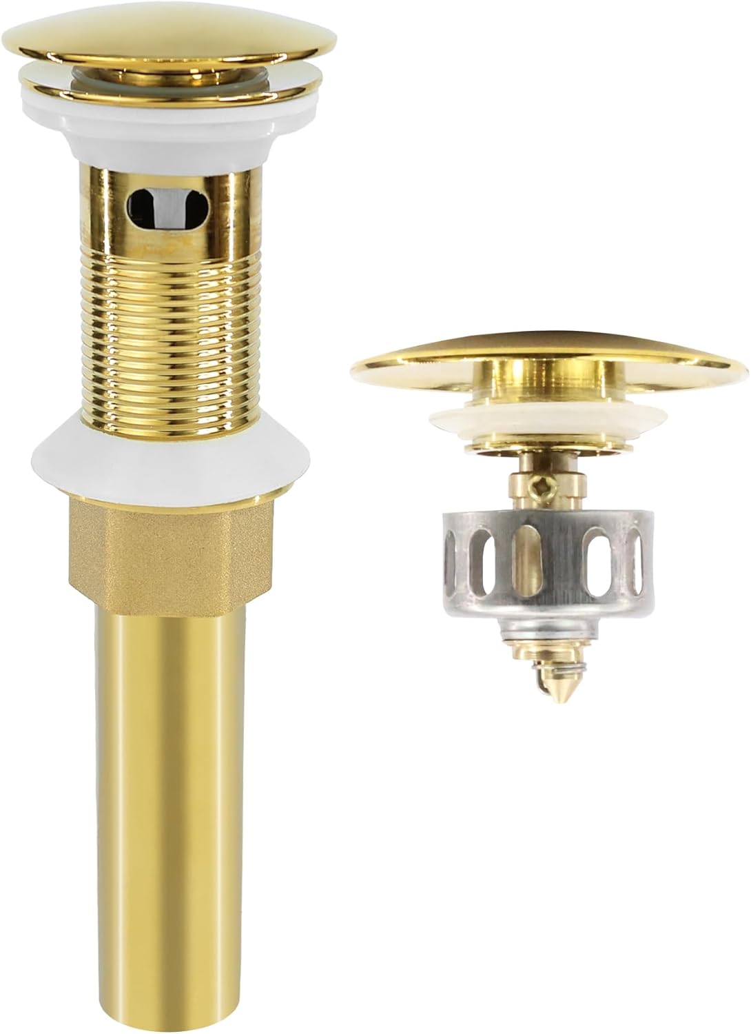 Bathroom Sink Drain, Gold Drain Stopper Bathroom Sink with Overflow,Pop Up Drain Assembly with Detachable Strainer Basket,Built-in Anti-Clogging Strainer,Stainless Steel Gold