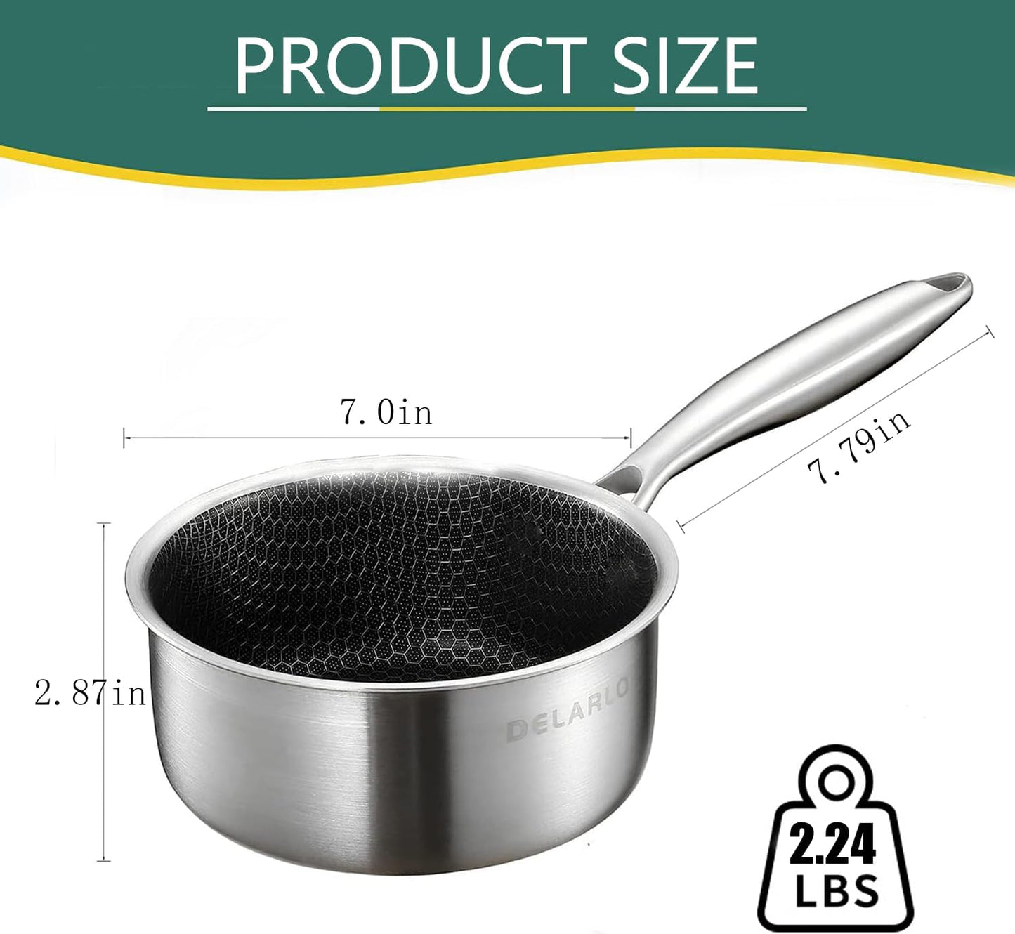 DELARLO Tri-Ply Hybrid Stainless Steel Sauce Pan, Hybird 1.5QT Non Stick Pots, All Stove Safe Up to 600℉, Sauce Pot 1.5 Quart Non Stick Sauce Pan, Saucier Pan, Honeycomb Pan,Small Saucepan, Lids 300℉