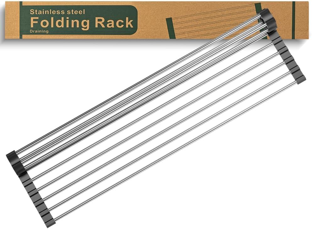 Roll Up Dish Drying Rack, Stainless Kitchen Accessories, Foldable Dish Rack, Anti-Slip Design Sink Counter Storage, Over The Sink Dish Rack, Stainless Steel, (21" x 9.1") Black