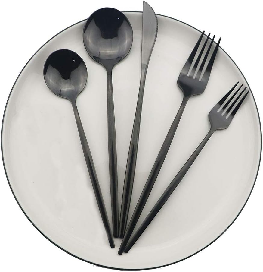 Shiny Black Silverware Set, JASHII 20-Piece Stainless Steel Satin Finish Flatware Set, Kitchen Utensil Set, Mirror Polished Tableware Cutlery Set for Home and Restaurant, Dishwasher Safe