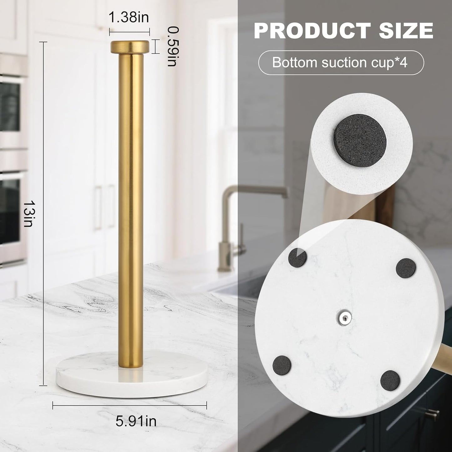 Standing Paper Towel Holder, Kitchen Paper Towel Roll Holder- for Bathroom Kitchen Countertop with Weighted Marble Base for One-Handed Operation (Gold), Marble Paper Towel Holder.…