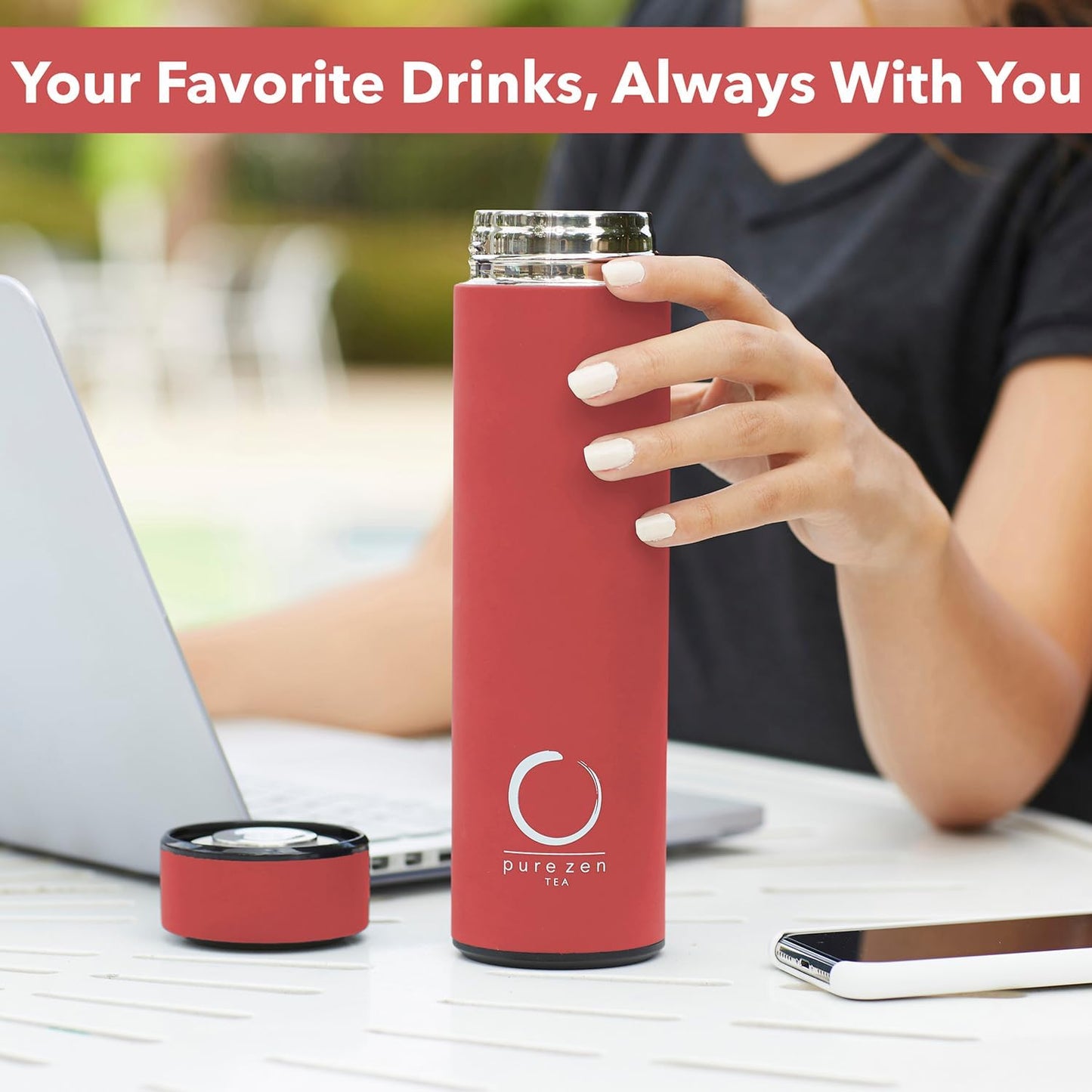 Pure Zen Tea Thermos with Infuser for Hot and Cold Infusions - Stainless Steel - Tea Infuser Bottle - Leakproof Travel Mug with Filter - 15oz - Red