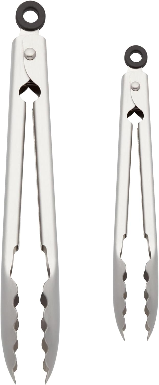 KitchenAid Set of 2 Stainless Steel Tongs with Scalloped Edges Easy Lock Dishwasher Safe Durable and Versatile 7 Inch and 9 Inch Silver