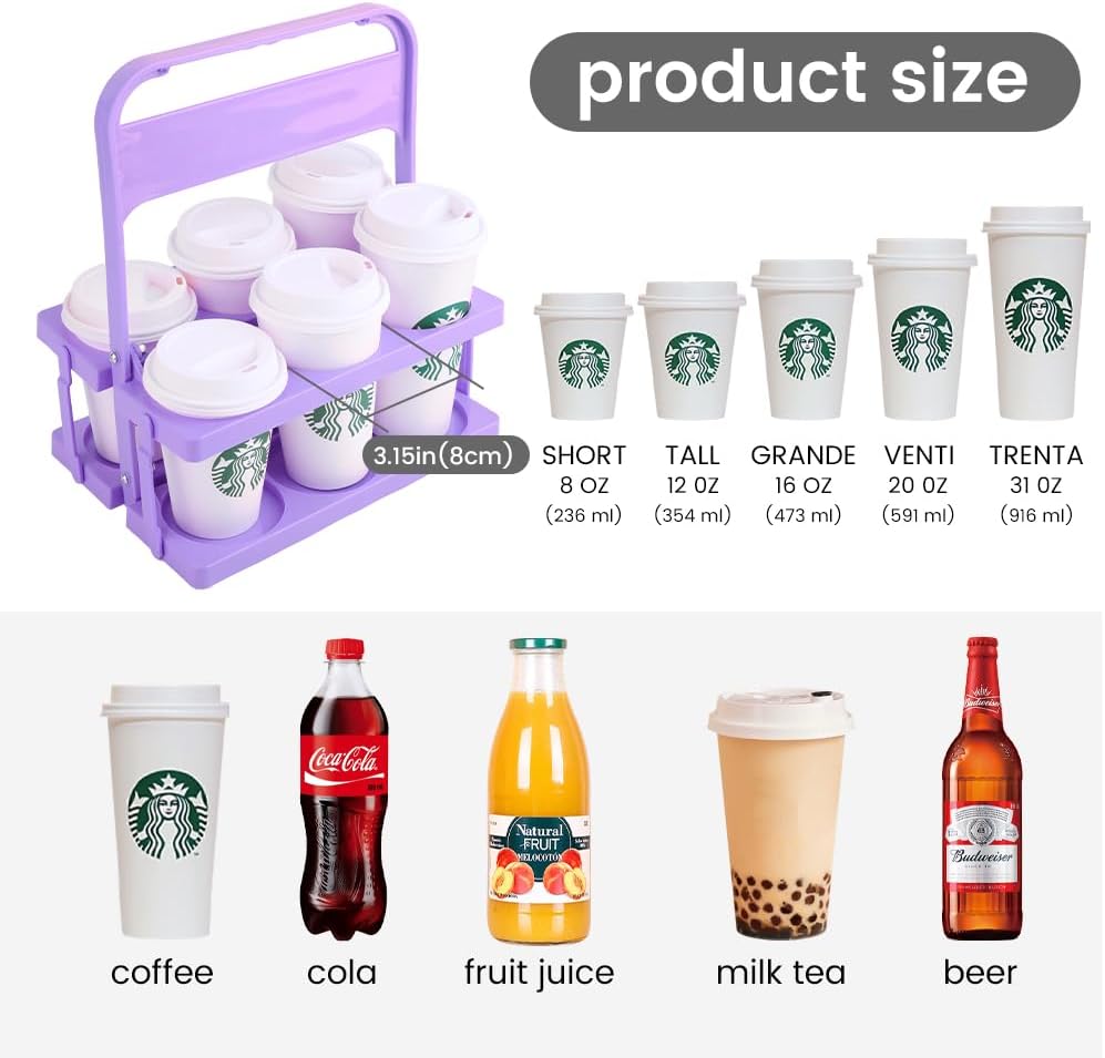 Musbus Reusable Drink Carrier with Handle for Doordash, Grubhub, Portable Cup/Coffee Holder Accessories for Delivery, Foldable Drinks Caddy with Tray, Car Durable Plastic Festive Bottle, Vacation
